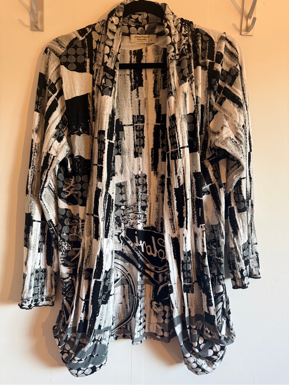 Orientique Australia Open Front Cardigan Jacket Art Print Rayon Size S Boho